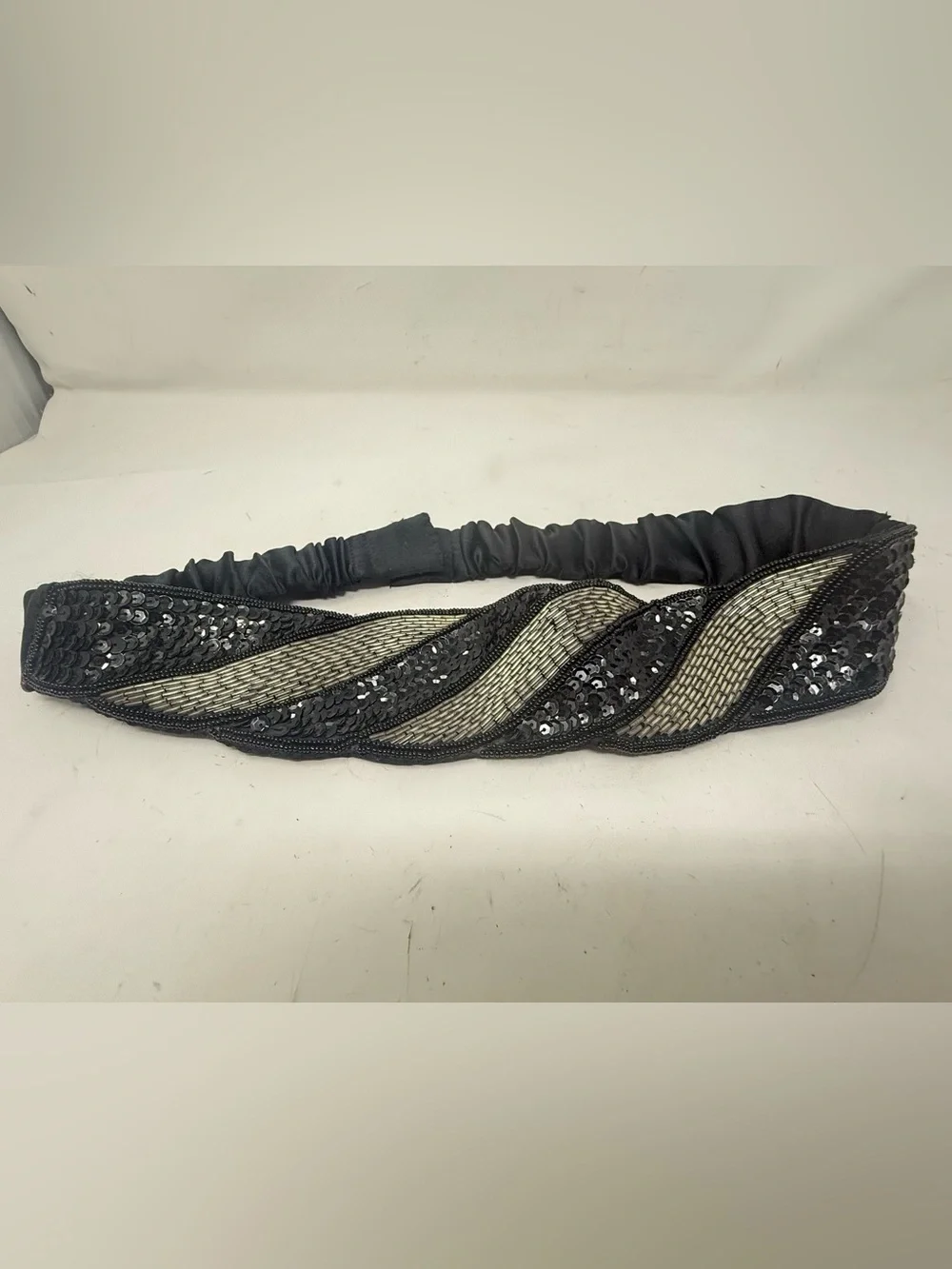 Vtg 1980s Black Silver Beaded Belt Cincher Waist Hook & Loop Closure Disco 32”